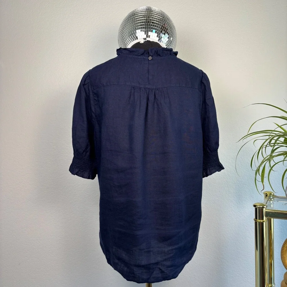 J.Crew 100% Linen Smocked Puff Sleeve Ruffle Top, Medium Navy Blue Preppy office